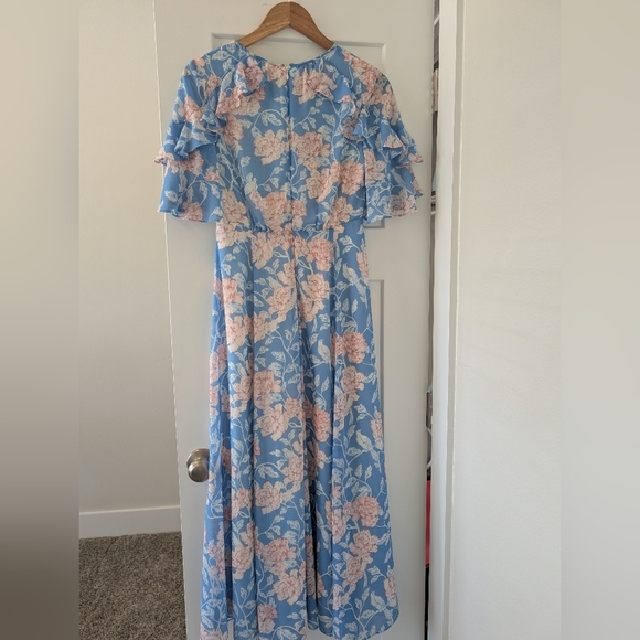 Gal Meets Glam Maxi Blue Pink Floral Shelby Dress Tie Neck Size 4 - Picture 7 of 10